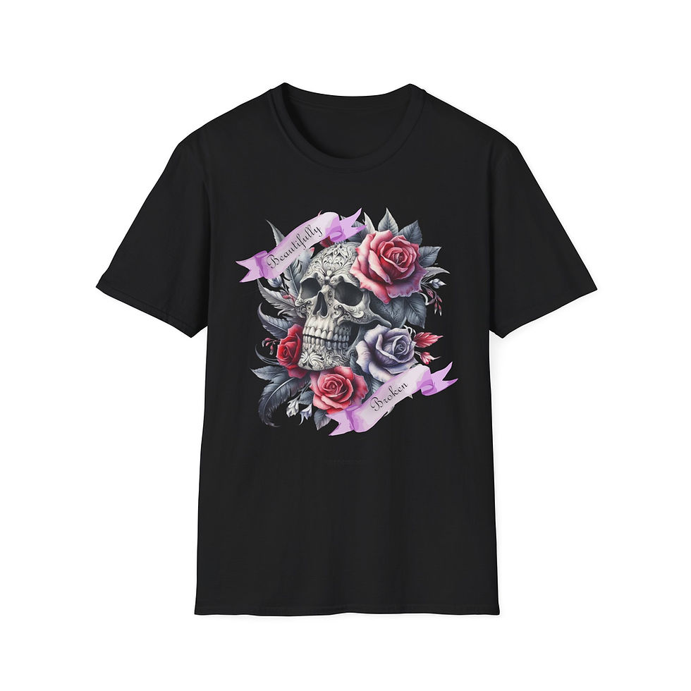 Thumbnail: Skull & Roses T-Shirt — Gothic Floral Skull Design
