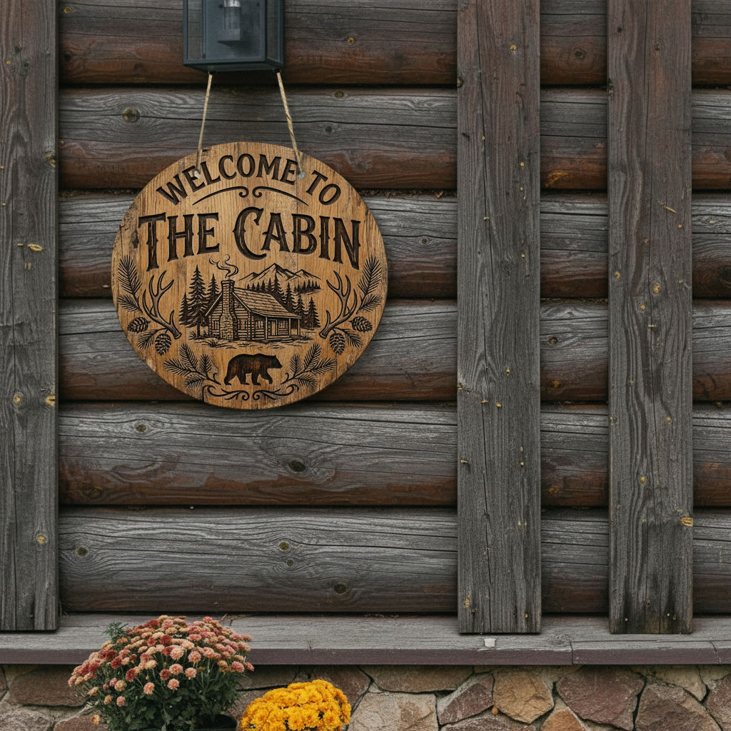 Welcome to the cabin. Round Wooden Door Sign (Made in USA)