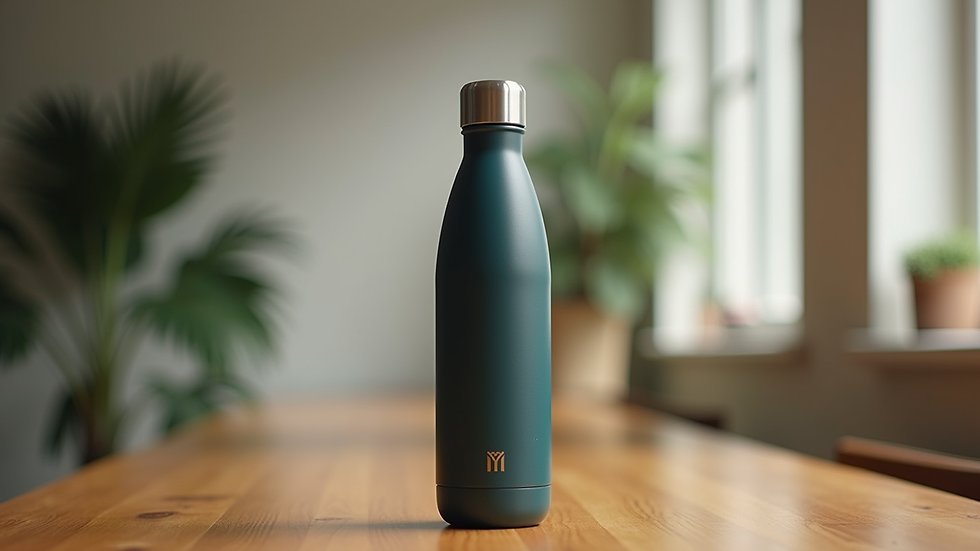 Close-up view of a branded reusable water bottle on a wooden table