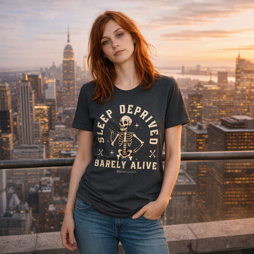 Sleep Deprived Barely Alive T-Shirt — Funny Skeleton Graphic Tee for Night Owls