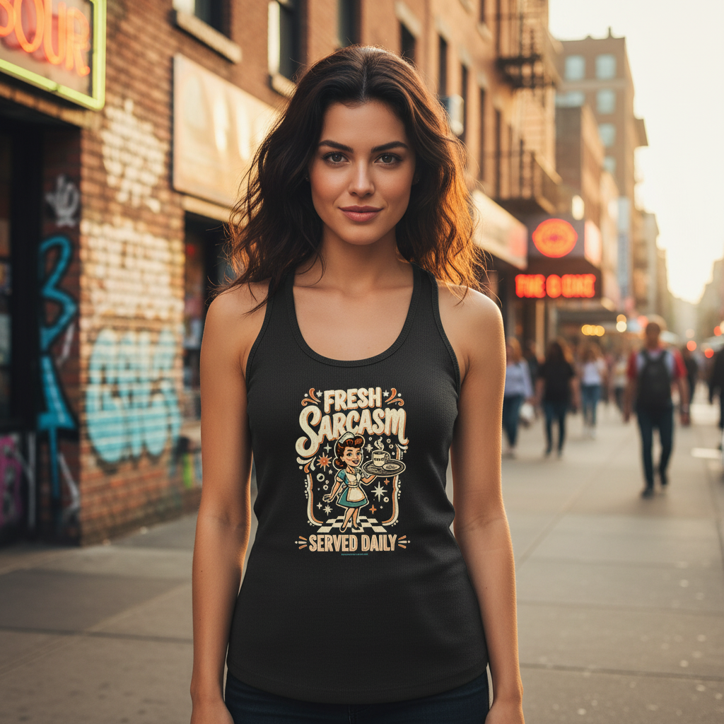 Fresh Sarcasm...Served daily- Retro Graphic Slim Fit Ribbed Racerback Tank Top