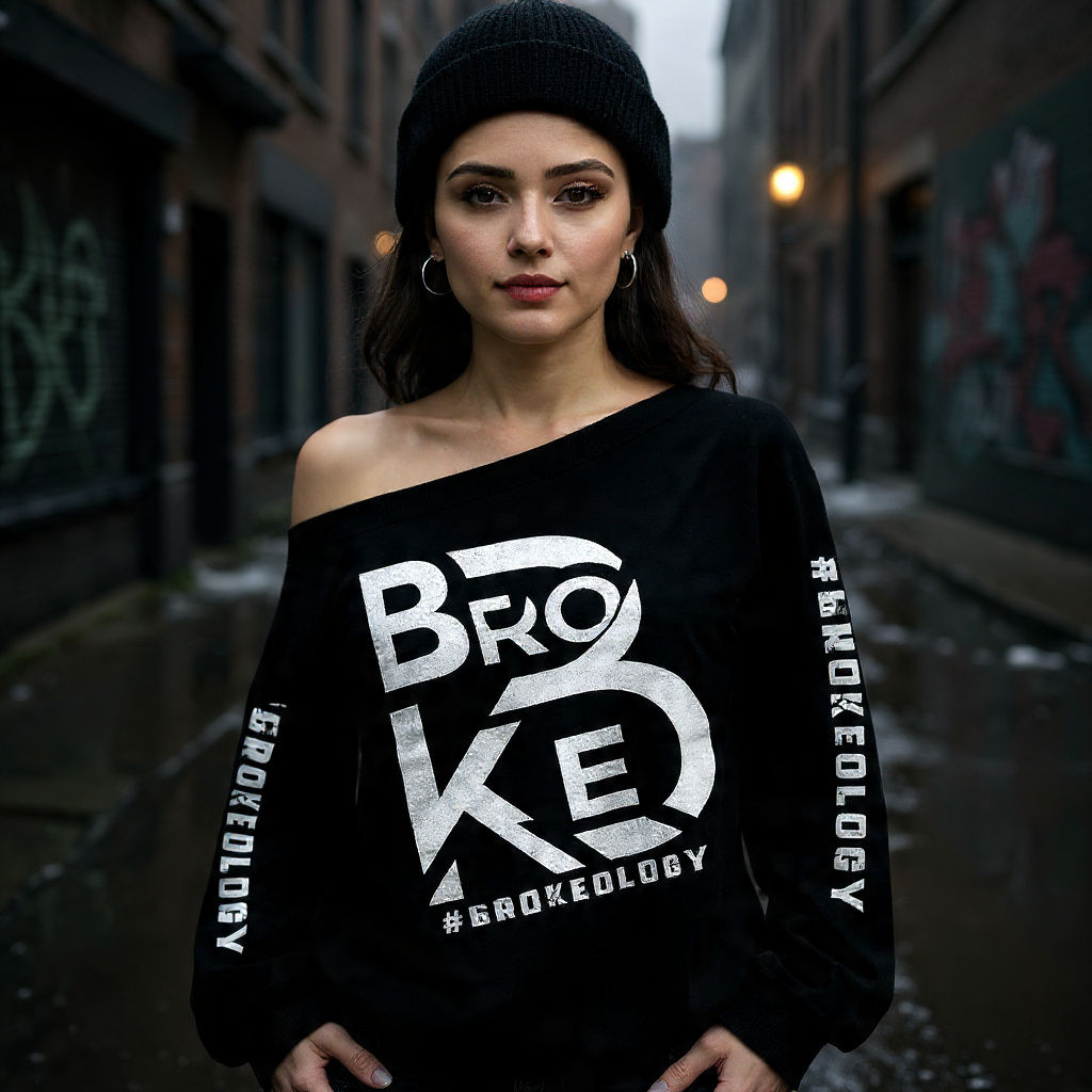 Brokeology Logo Women's Off-Shoulder Sweatshirt with Micro-Fleece Lining