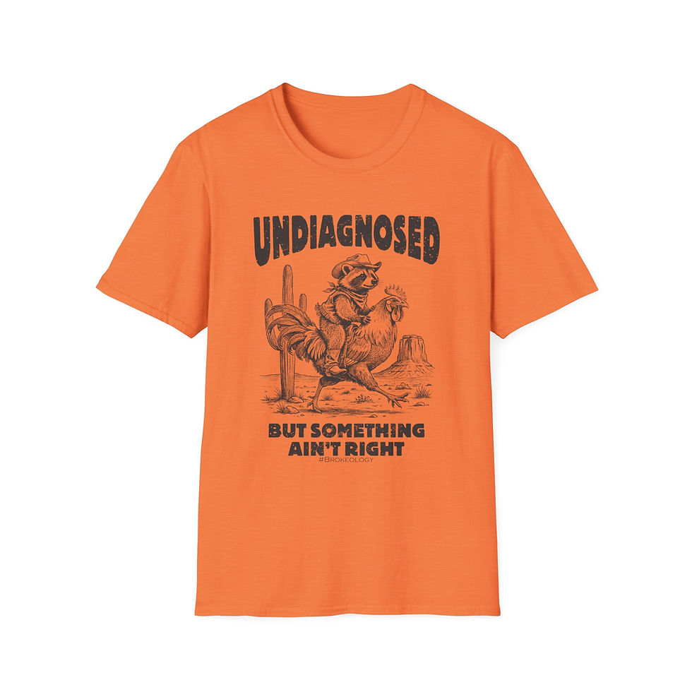 Thumbnail: Undiagnosed- funny racoon riding chicken Unisex Softstyle T-Shirt #Brokeology