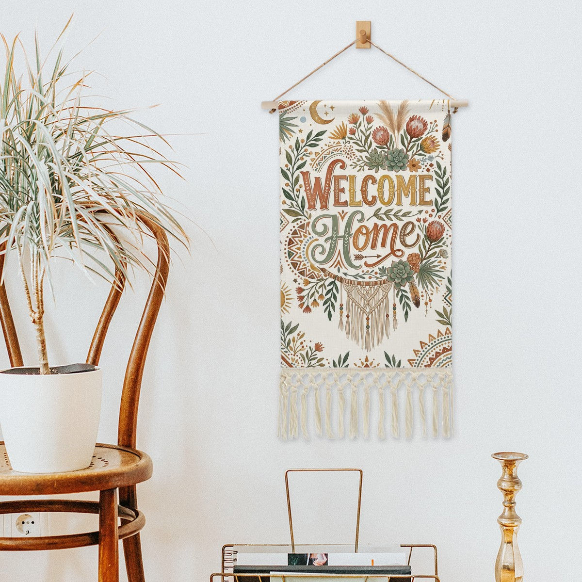 Boho- Welcome home- Cotton and Linen Hanging tapestry
