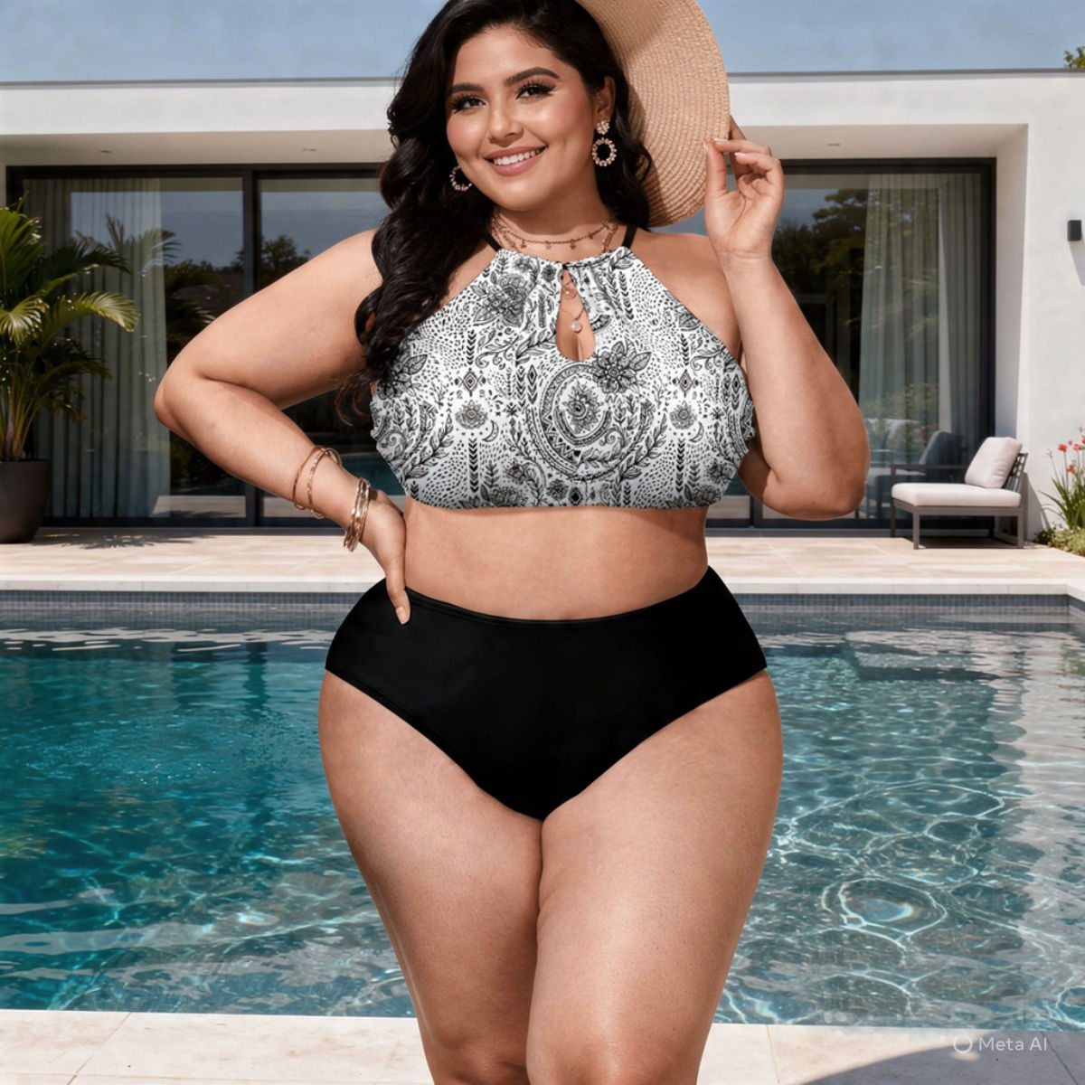 Black & white-Boho Plus Size High Waisted Bikini