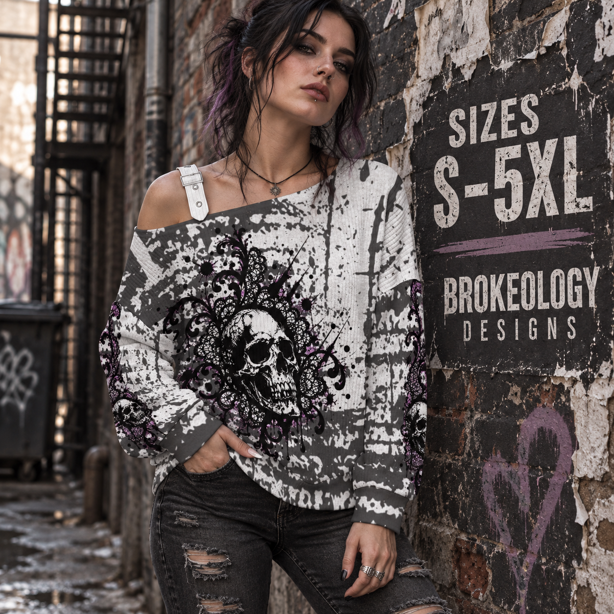 Grunge punk Skull Women's Off-the-shoulder Sweater