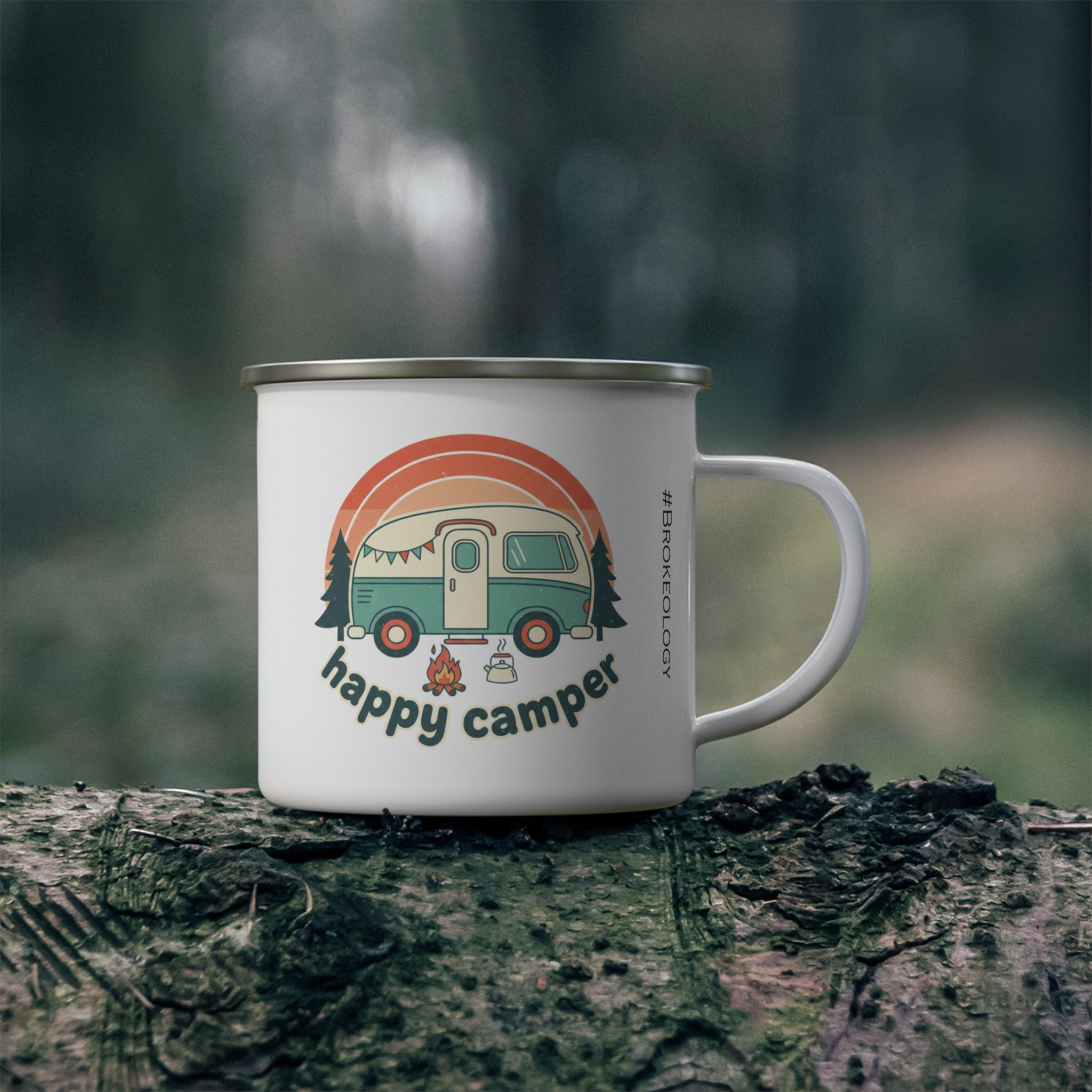 Happy Camper Enamel Mug — Retro Campervan Camping Coffee Cup