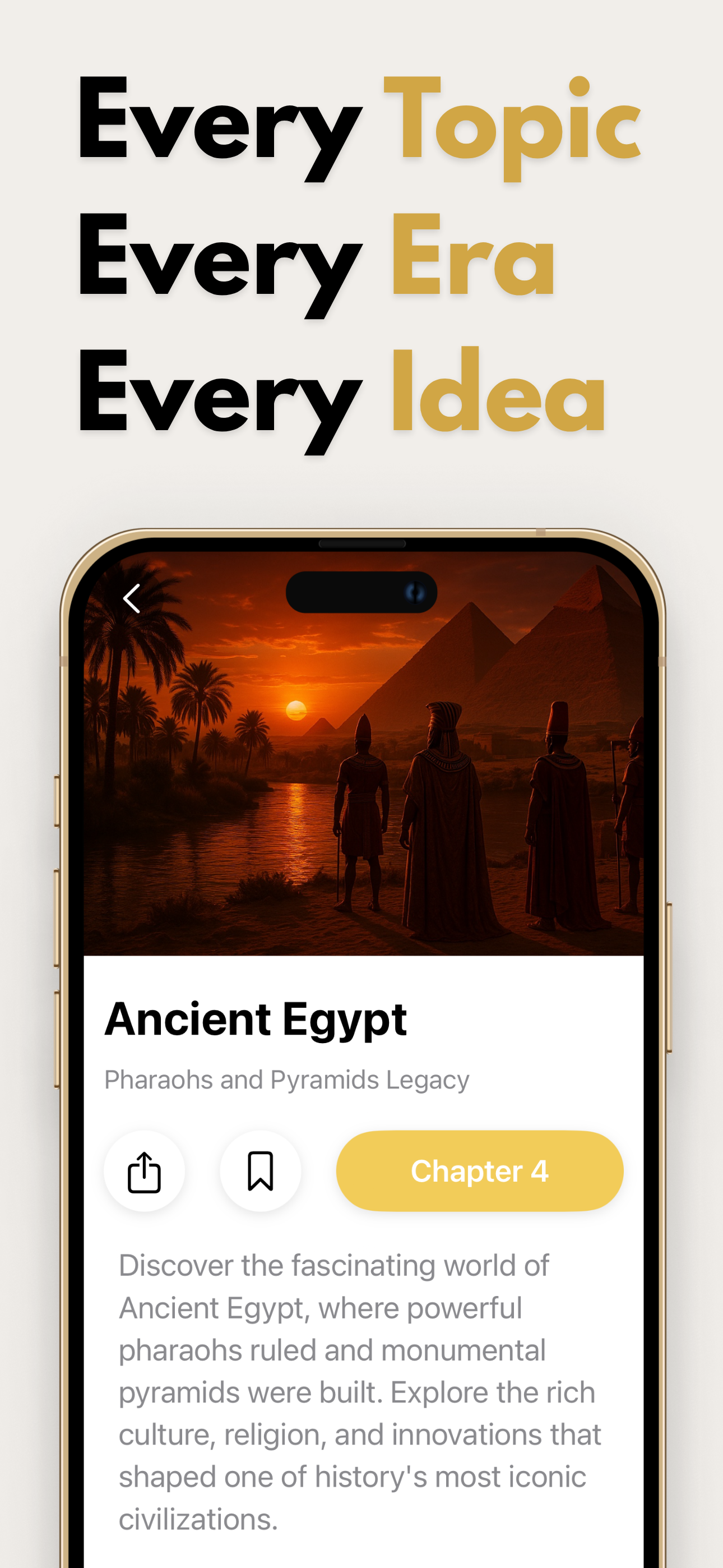 Mobile app screen showing a chapter on Ancient Egypt, with a sunset scene of pyramids and pharaohs. The text highlights "Ever