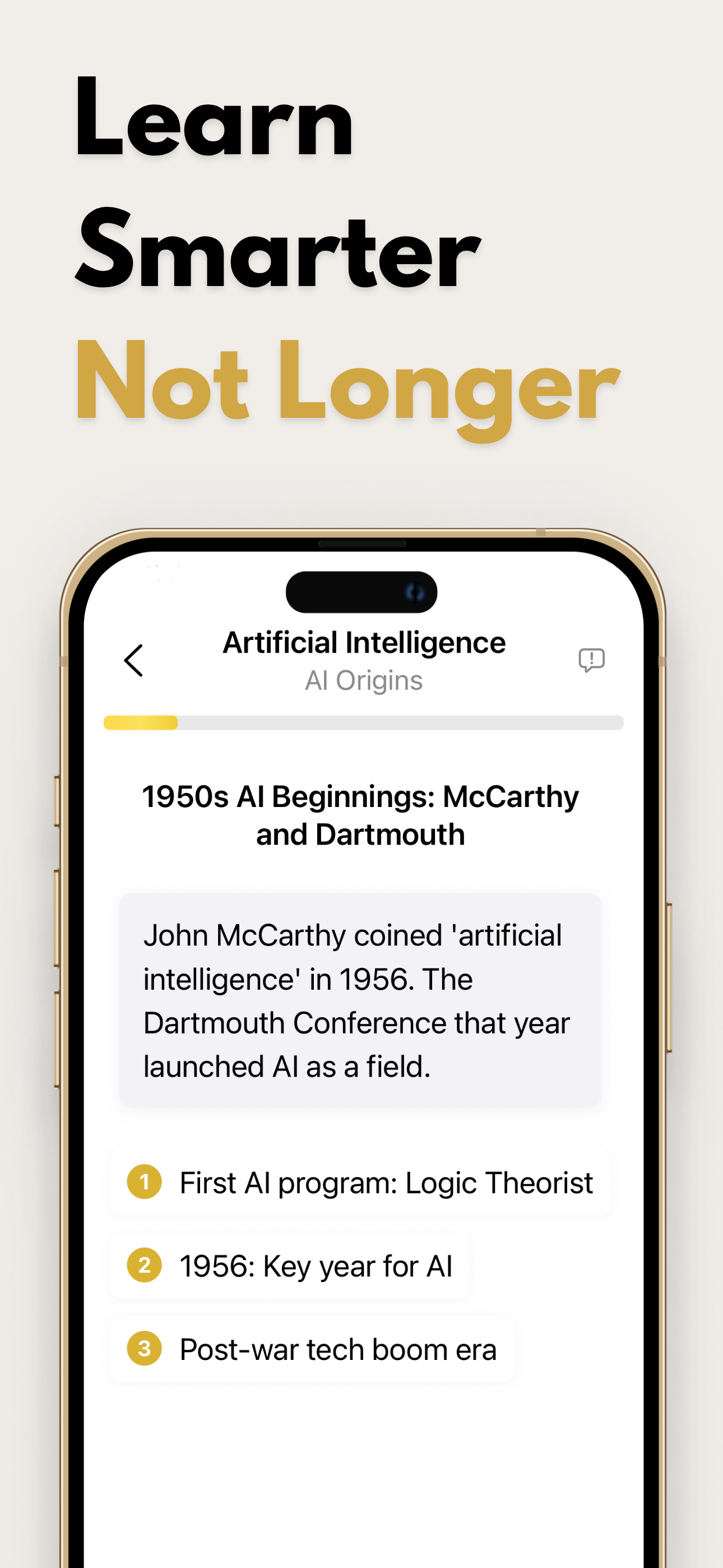 Mobile app screen showing a chapter on Artificial Intelligence history, including John McCarthy’s work and key AI milestones.