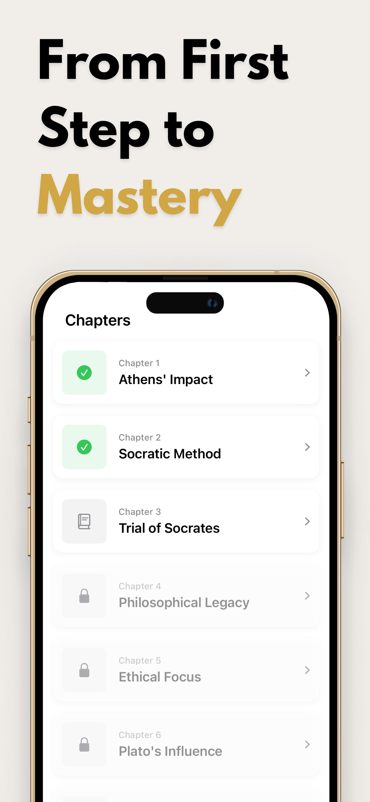 App screen showing a structured chapter list on ancient philosophy, starting with Athens' Impact and the Socratic Method. Tex