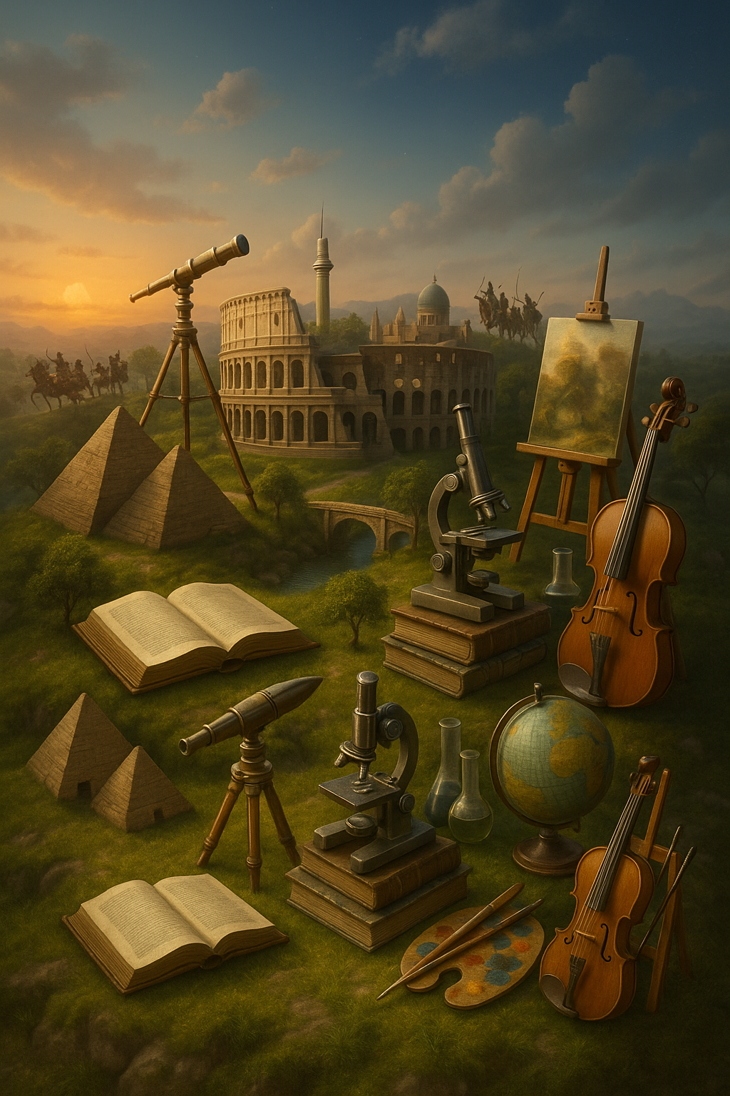 A detailed artistic landscape featuring books, telescopes, microscopes, pyramids, the Colosseum, and musical instruments, rep