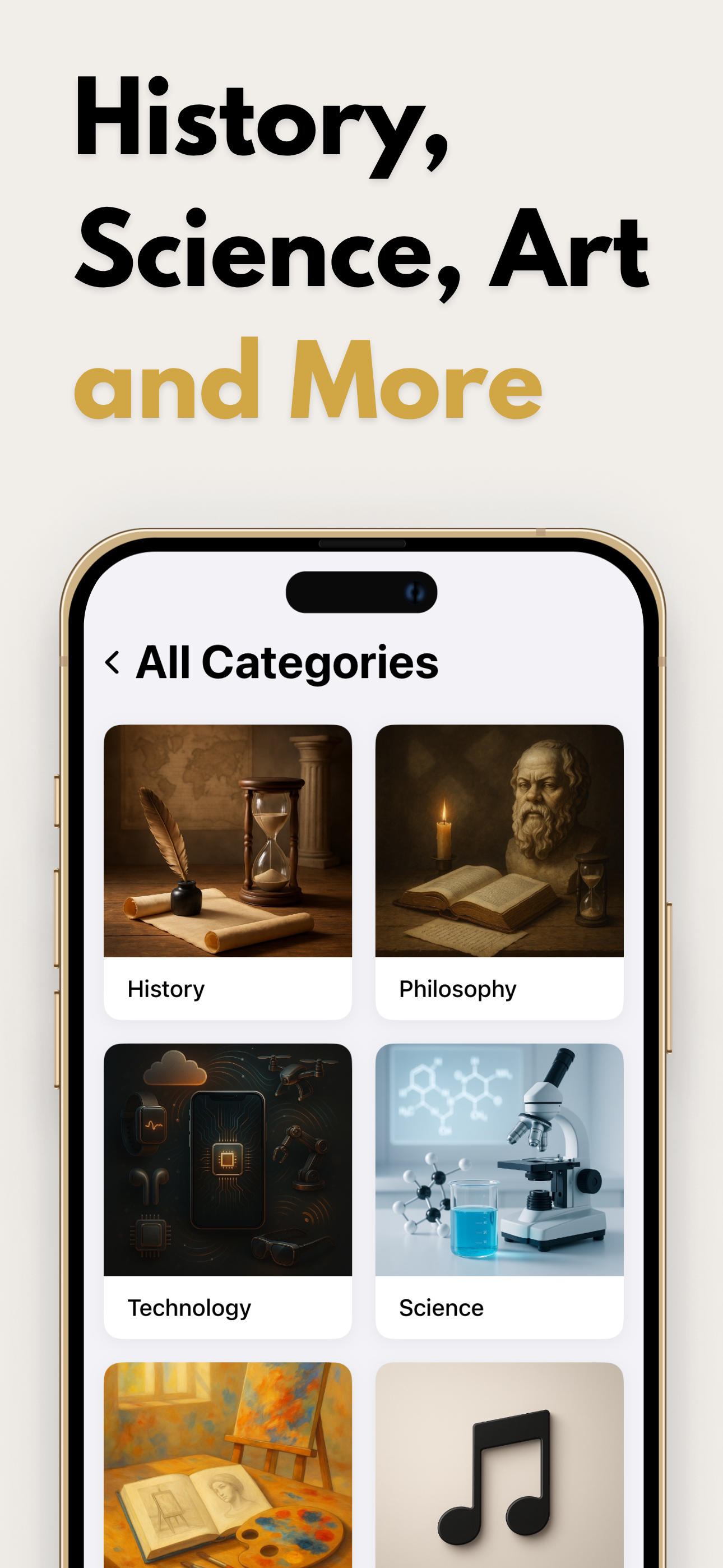 Mobile app screen showing a category selection menu with topics like History, Philosophy, Technology, Science, Art, and Music