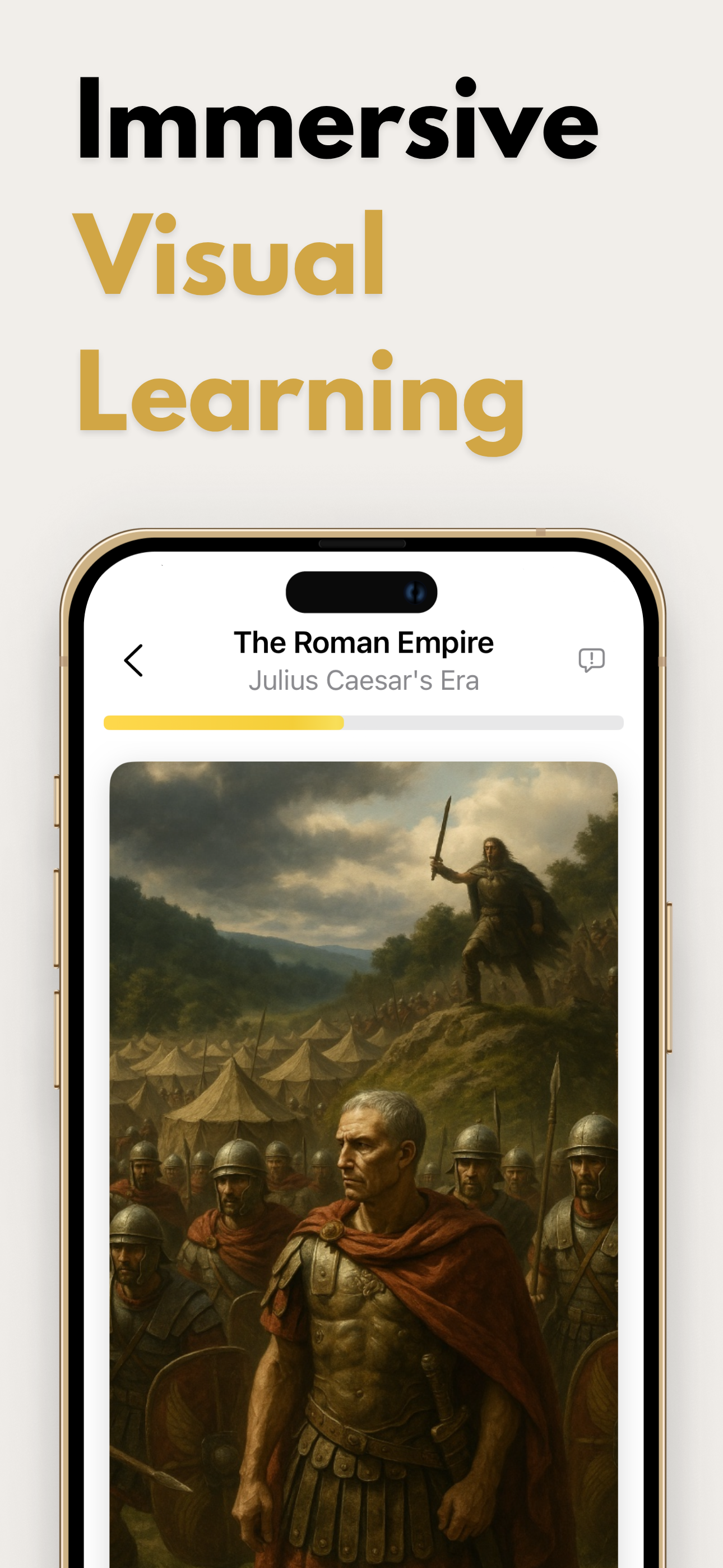 Mobile app screen showing a visual learning module on the Roman Empire, featuring Julius Caesar and Roman soldiers. The text 