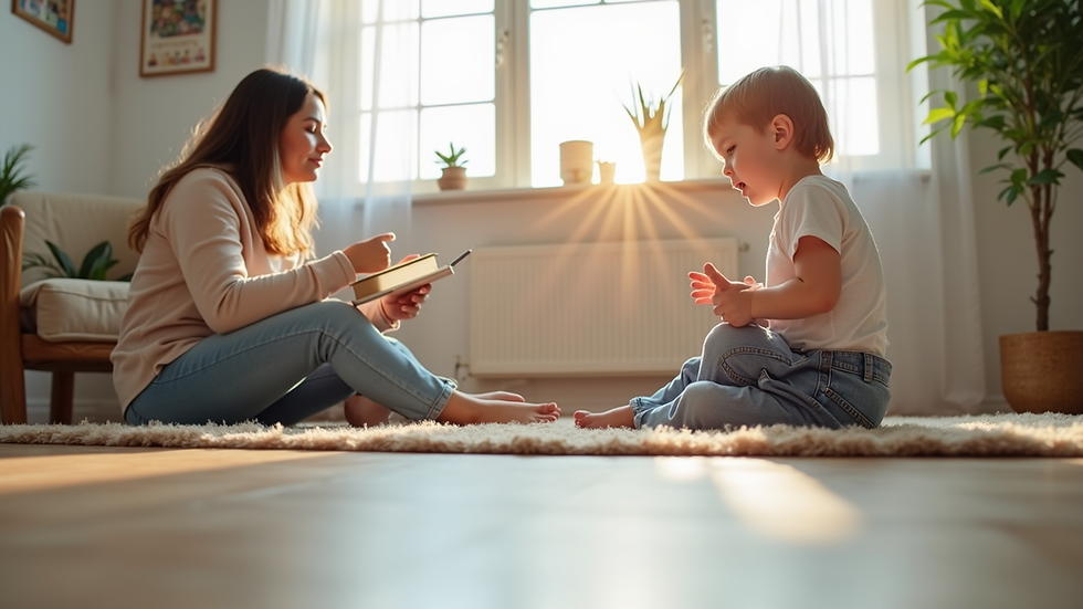 Eye-level view of a child practicing speech therapy with a therapist in a bright room