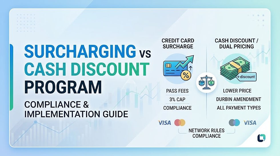 Infographic on surcharging vs cash discount program with credit card, cash discount icons, and compliance rules on a blue background.
