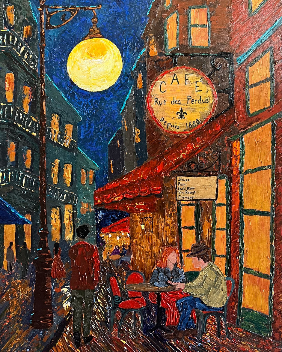 “Moonlit acrylic street scene of a New Orleans alley with glowing café signs, musicians, and expressive impasto color.” van gigh