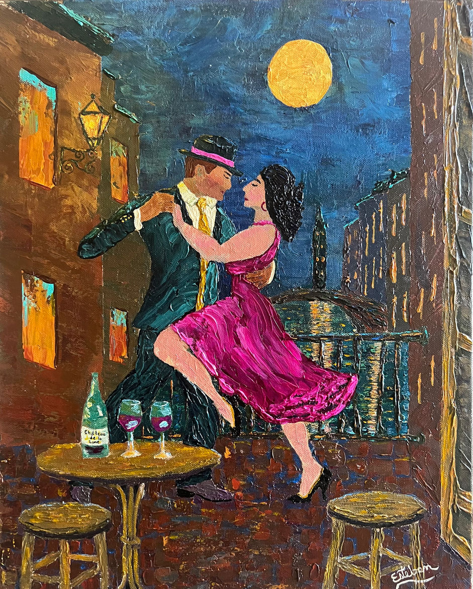 “Acrylic painting of a couple dancing under moonlight at a small outdoor café table on a colorful city street, by Esteban Harrelson.”Balcony, Van Gogh