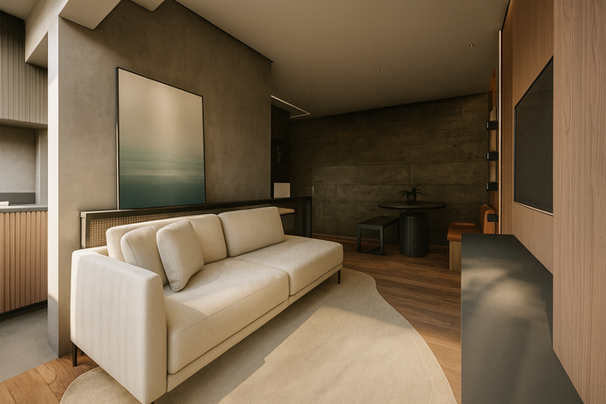 Interior de residência contemporânea com sala e cozinha integradas, marcenaria em madeira natural e design funcional em ambientes compactos.