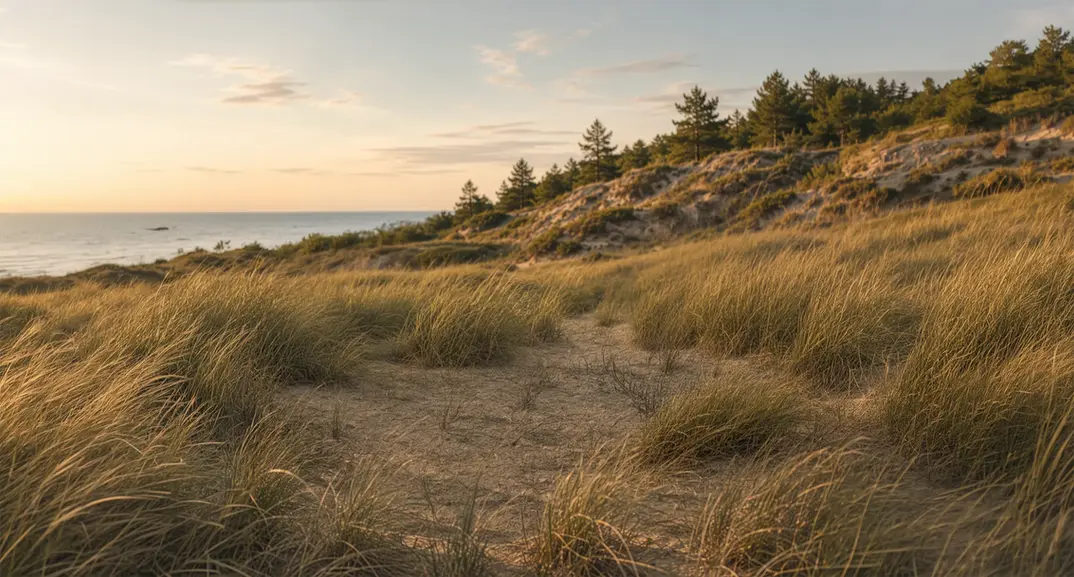 Late afternoon light across a Lake Michigan dune, marram grass in the foreground and open water beyond.