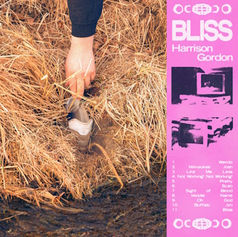 A foot in straw beside a pink book cover reading BLISS and Harrison Gordon, with a moody harvest-like scene.