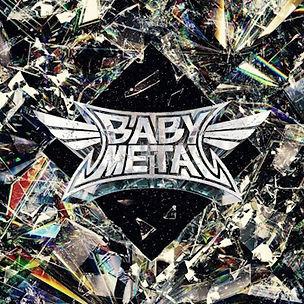 Silver "BABYMETAL" logo on a diamond shape, set against a colorful, fractal-like shattered glass background, creating a dynamic vibe.