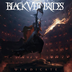 A dark figure with a flaming sword stands over a person on an altar in a dim, ominous setting. Text: "BLACK VEIL BRIDES" and "VINDICATE".