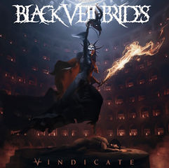 A dark figure with a flaming sword stands over a person on an altar in a dim, ominous setting. Text: "BLACK VEIL BRIDES" and "VINDICATE".
