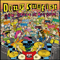 Colorful cartoon punk band plays on stage before a packed crowd holding signs; banner reads Dizzy Sunfist and OUR DREAMS NOT DEAD.
