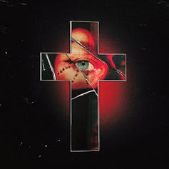Stylized red-and-black cross with a close-up eye inside, on a dark background, creating a dramatic, eerie mood.