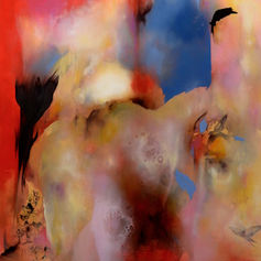 Abstract painting with vibrant red, blue, and yellow hues. Blurred forms and dark patches create a dynamic, chaotic atmosphere.