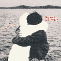 Two people hug by a lake, one silhouette is white. Text reads "this won't last forever." Monochrome with soft, emotional mood.