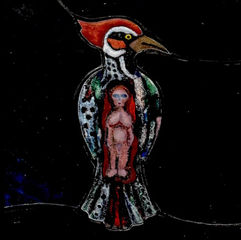 Stylized bird with vivid red and orange crest, colorful body, and a small human figure inside. Black background adds contrast. Mysterious mood.