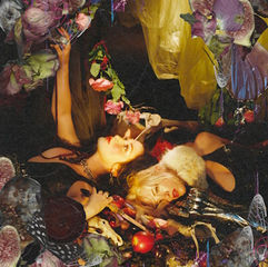 Two people lie amid flowers and fruits, under a draped yellow fabric. The mood is whimsical, with rich colors and natural patterns.