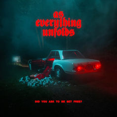 A vintage car with open doors in a foggy night setting. Red lighting casts an eerie glow. Text: "As Everything Unfolds" and "Did you ask to be set free?"
