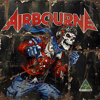 Grungy metal wall mural of a skull-faced pilot in red jacket and goggles, with AIRBOURNE in bold red letters.