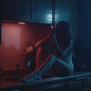 A person sits on a dimly lit kitchen counter with red and blue lighting, holding an object. A flower vase is in the background. Mysterious mood.