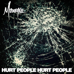 Cracked glass with a dark background features white text "Mudvayne" and "HURT PEOPLE HURT PEOPLE," creating a tense mood.