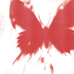 Red butterfly silhouette against a white background, appearing abstract and artistic. The mood is calm and expressive.