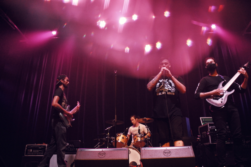 Photo of the Manitoba metalcore band Planeshifter, performing on The Park Theatre stage.