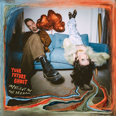 Man on a blue couch, woman upside down with balloons. Text: "Your Future Ghost, Impatient for the Dream." Artistic, surreal vibe.