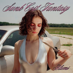 A woman in a silver halter top stands by a car on a rural road; cursive text says Sunk Cost Fantasy and Blums.