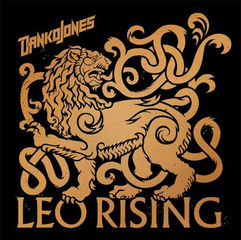 Stylized lion logo on a black background with intricate gold patterns. Text: "Danko Jones" at top left and "Leo Rising" at bottom. Bold and fierce.