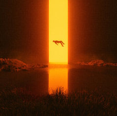 A silhouette of a person floats towards a bright orange doorway, surrounded by darkness and reflected in a serene water surface. Surreal mood.