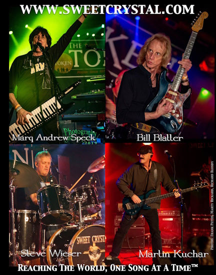 Four musicians performing on stage: a keyboardist, guitarist, drummer, and bassist. Bright lights and vibrant colors. Website and names shown.