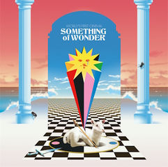 Surreal art with checkered floor, colorful starburst, and lamb. Text: World's First Cinema, Something of Wonder. Ocean backdrop, columns.