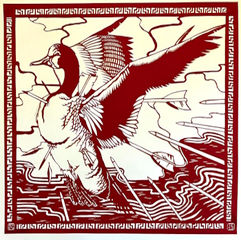 Stylized red-and-cream bird taking flight from choppy water, framed by a decorative border with no visible text.
