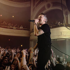 Singer performing energetically on stage in front of a cheering crowd in an ornate theater. Concert atmosphere with vibrant lights.
