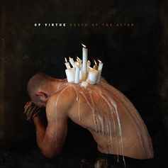 Bald man kneels bowed with lit candles on his back, wax dripping in a dark scene; text reads OF VIRTUE DEATH OF THE ALTAR.