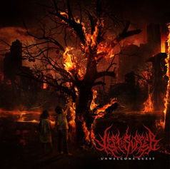 Two figures stand before a burning tree in a dark cityscape, with red horror text LEFT TO SUFFER UNWELCOME GUEST below.