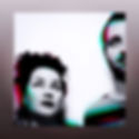 Two people with a colorful glitch effect look upwards. The background is white, enhancing the bold red and green hues. The mood is contemplative.